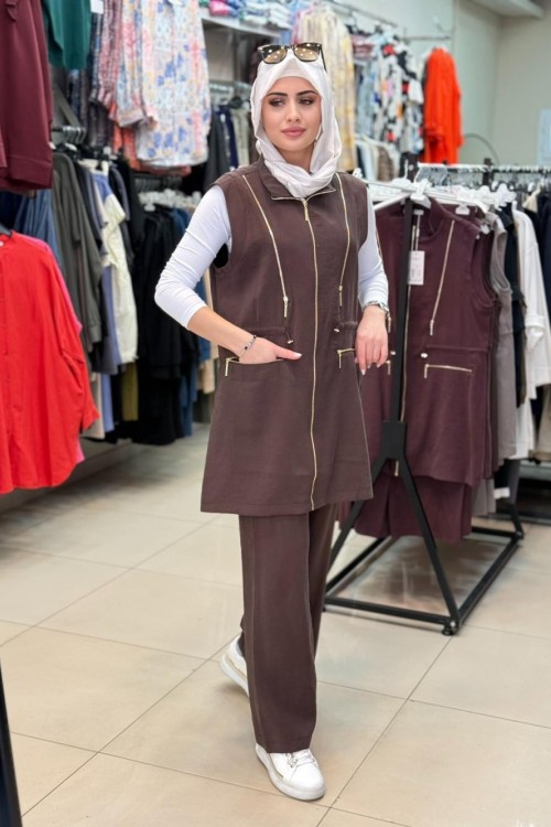 10917 Rüya Yelekli takım Kahverengi