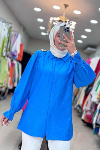 1212 MANŞETİ GİPELİ TUNİK Saks Mavisi