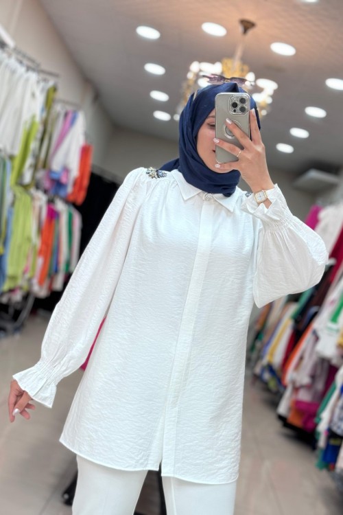 1212 MANŞETİ GİPELİ TUNİK Ekru