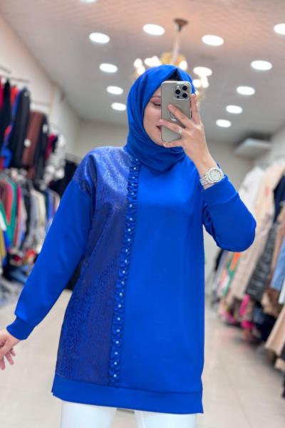 1304 BASKILI TAŞLI TUNİK  Saks Mavisi