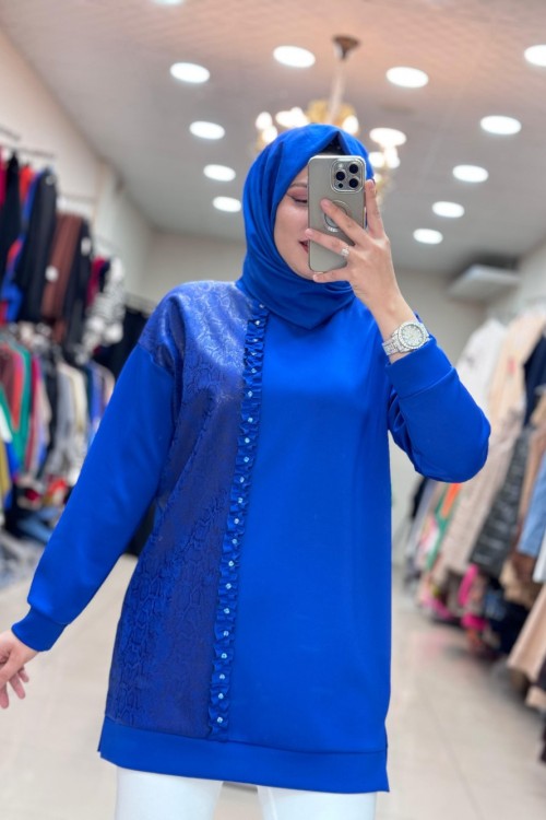 1304 BASKILI TAŞLI TUNİK  Saks Mavisi