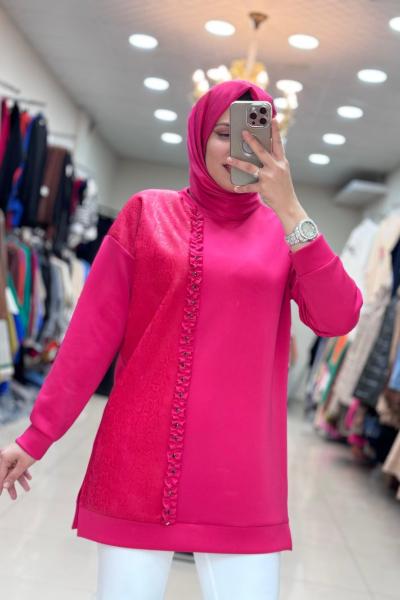 1304 BASKILI TAŞLI TUNİK  Fuşya