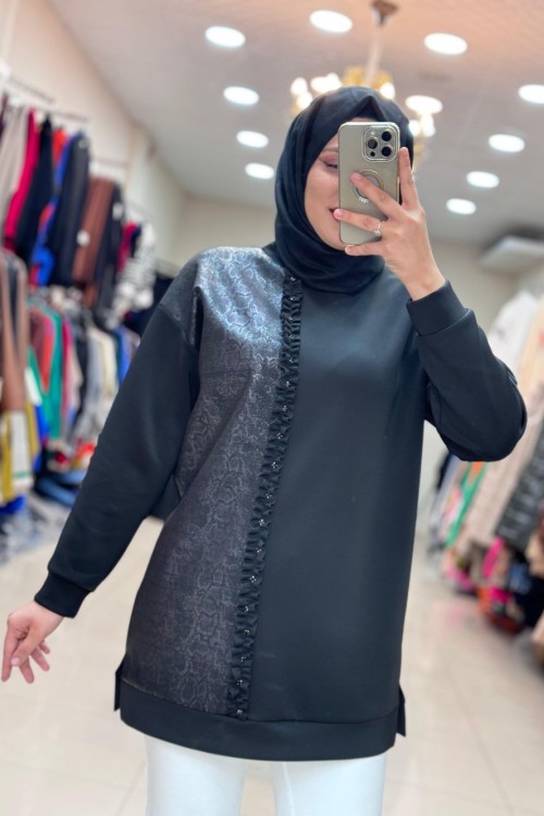 1304 BASKILI TAŞLI TUNİK  Siyah