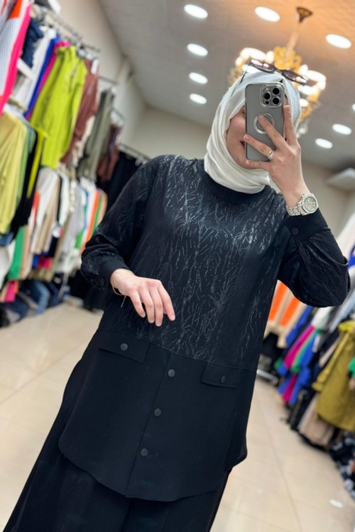 14195 Puane Cep Detayli İkili Takim Siyah Siyah