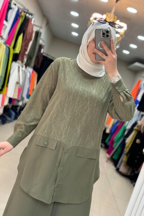 14195 Puane Cep Detayli İkili Takim Haki Haki