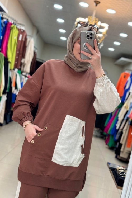 14211 Keten Cep Detaylı İkili Takım Kahve  Kahverengi