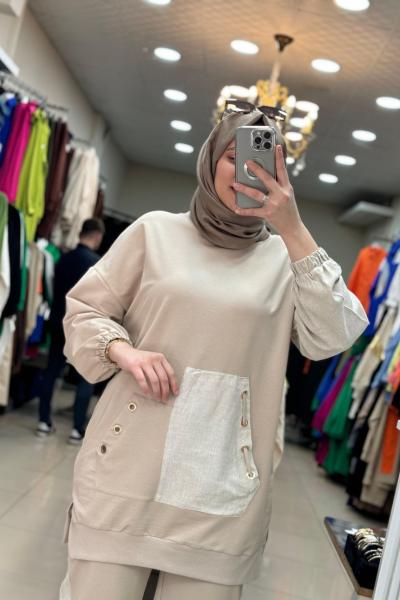 14211 Keten Cep Detaylı İkili Takım Bej Bej