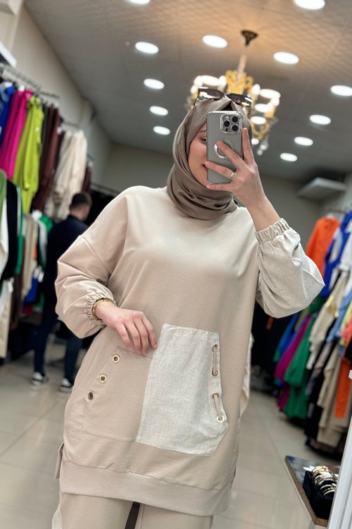 14211 Keten Cep Detaylı İkili Takım Bej Bej