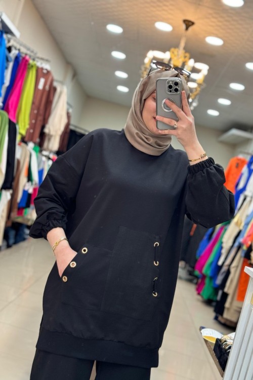 14211 Keten Cep Detaylı İkili Takım Siyah Siyah