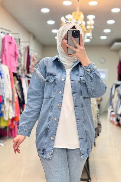 14488 ARKASI DESENLİ KOT CEKET KOT MAVİ