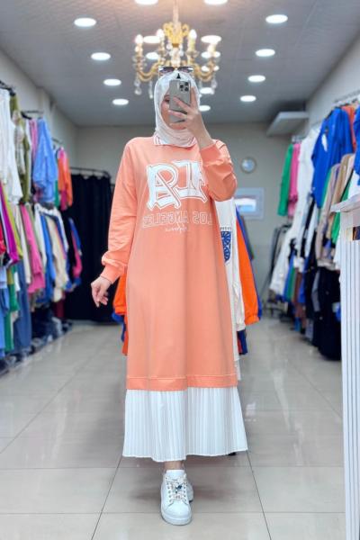 14654 BASKILI PLİSELİ SWEAT ELBİSE  Yavru Ağzı