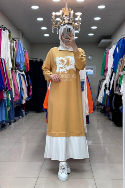 14654 BASKILI PLİSELİ SWEAT ELBİSE  Taba