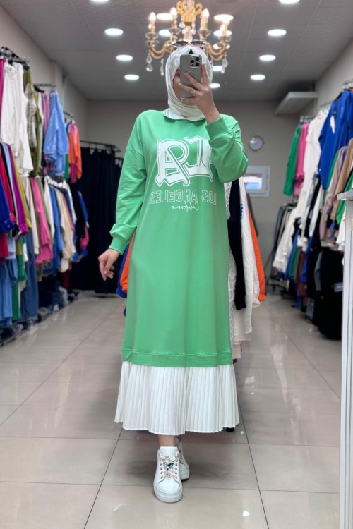 14654 BASKILI PLİSELİ SWEAT ELBİSE  Yeşil