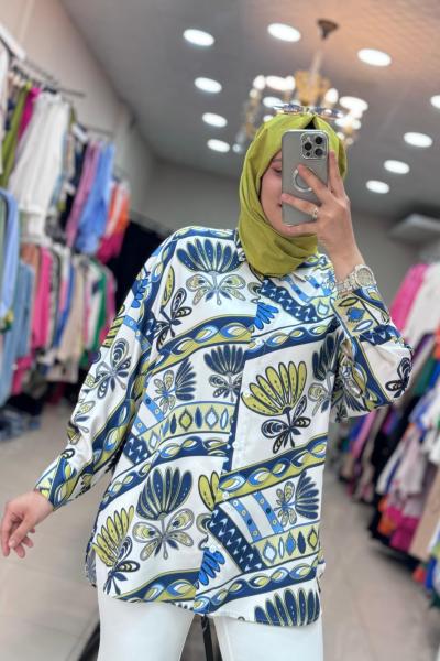 15518 ÇİÇEK DESENLİ SATEN GÖMLEK Lacivert