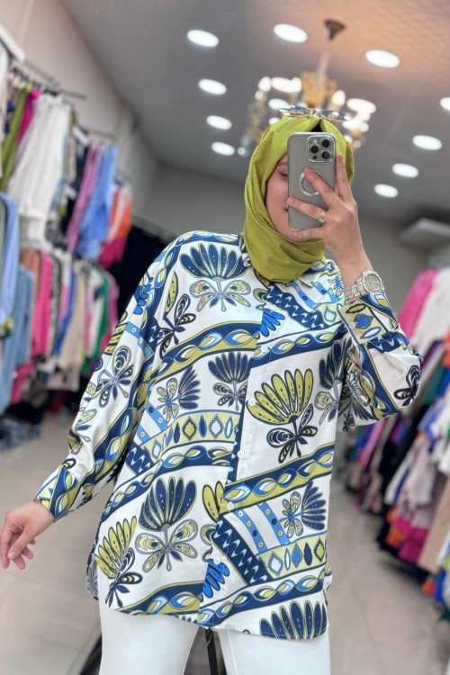 15518 ÇİÇEK DESENLİ SATEN GÖMLEK Lacivert