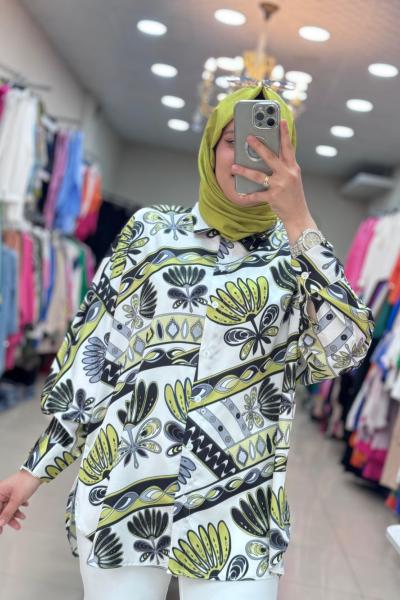 15518 ÇİÇEK DESENLİ SATEN GÖMLEK Siyah