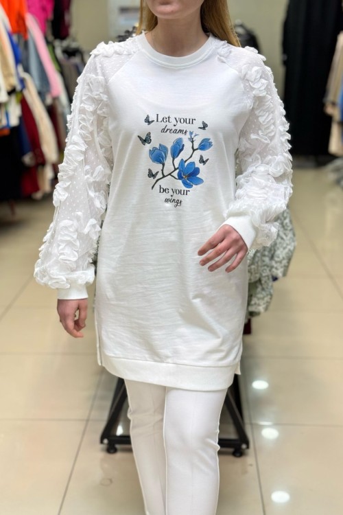 170004KOLU TÜL ÖNÜ ÇİÇEKLİ TUNİK Beyaz