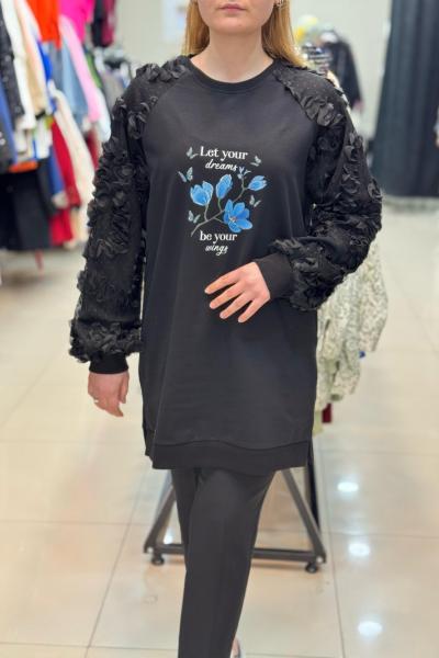 170004KOLU TÜL ÖNÜ ÇİÇEKLİ TUNİK Siyah