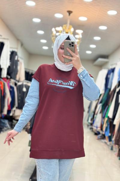 170057 KOT DETAYLI NEWYORK SWEAT  Bordo
