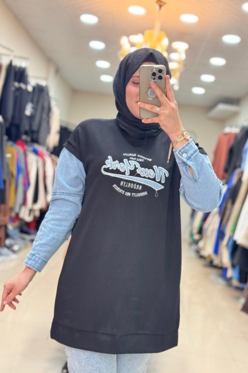 170057 KOT DETAYLI NEWYORK SWEAT  Siyah