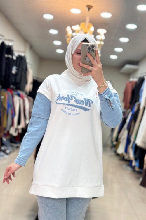 170057 KOT DETAYLI NEWYORK SWEAT  Beyaz
