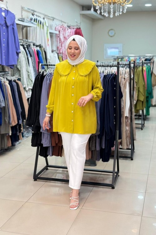 1740 Bebe Yakalı Gömlek  Yağ Yeşili