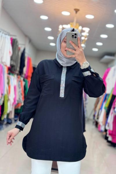 2008 Önü ve Kolu Taşlı Tunik Siyah