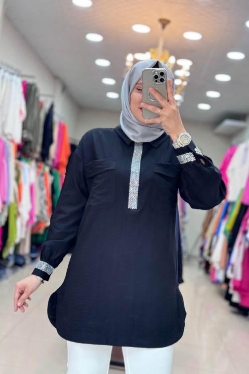 2008 Önü ve Kolu Taşlı Tunik Siyah