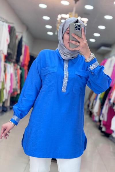 2008 Önü ve Kolu Taşlı Tunik Saks Mavisi