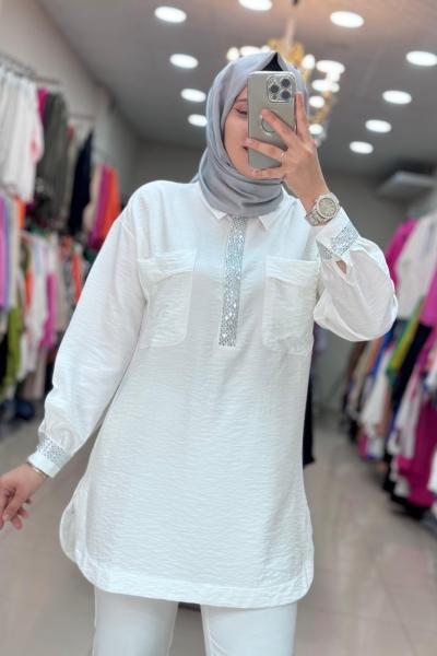 2008 Önü ve Kolu Taşlı Tunik Beyaz