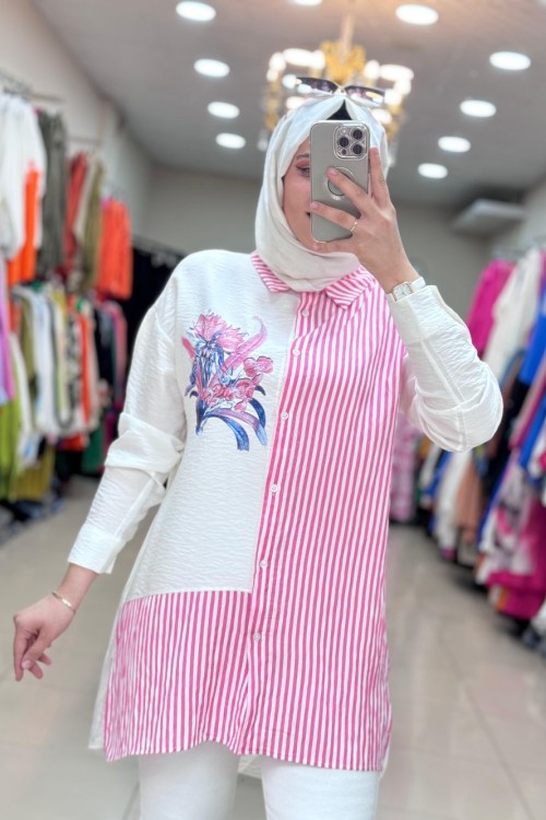 2010 ÇİZGİ VE ÇİÇEK DESENLİ GÖMLEK  Pembe