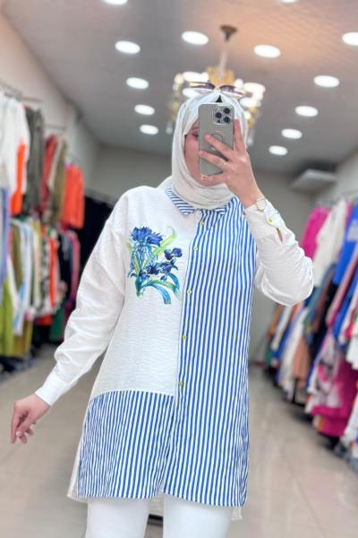 2010 ÇİZGİ VE ÇİÇEK DESENLİ GÖMLEK  Lacivert