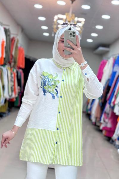 2010 ÇİZGİ VE ÇİÇEK DESENLİ GÖMLEK  Sarı