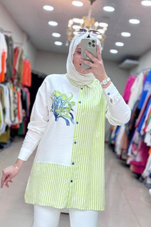 2010 ÇİZGİ VE ÇİÇEK DESENLİ GÖMLEK  Sarı