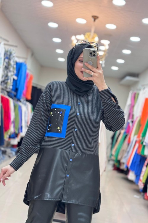 2020 ÇİZGİLİ DERİ DETAYLI GÖMLEK  Siyah