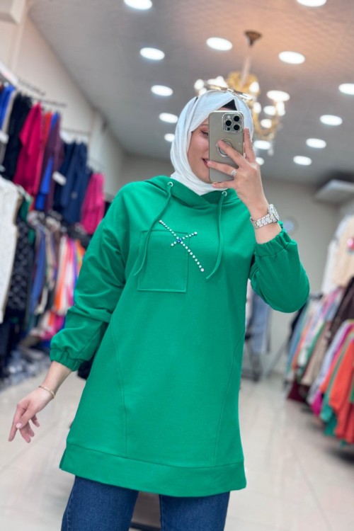 2026 KAPUŞONLU TAŞLI TUNİK Yeşil