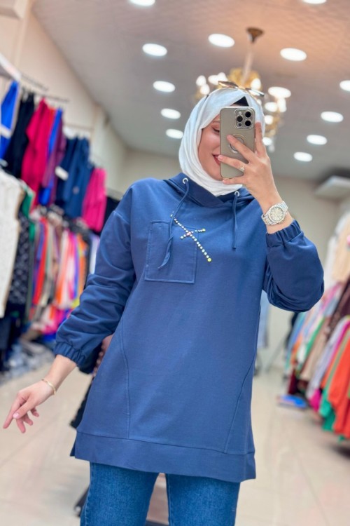 2026 KAPUŞONLU TAŞLI TUNİK Lacivert