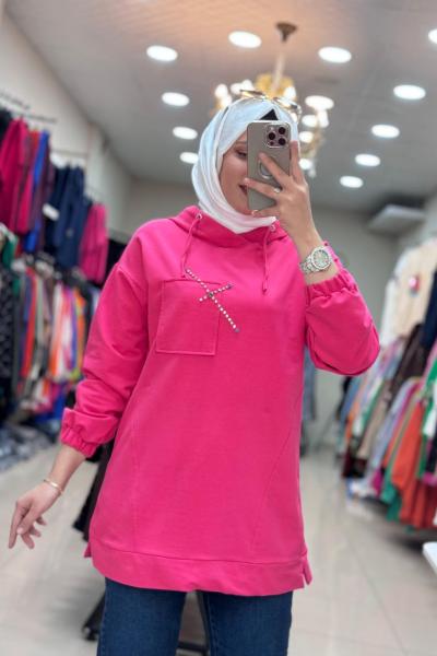 2026 KAPUŞONLU TAŞLI TUNİK Fuşya