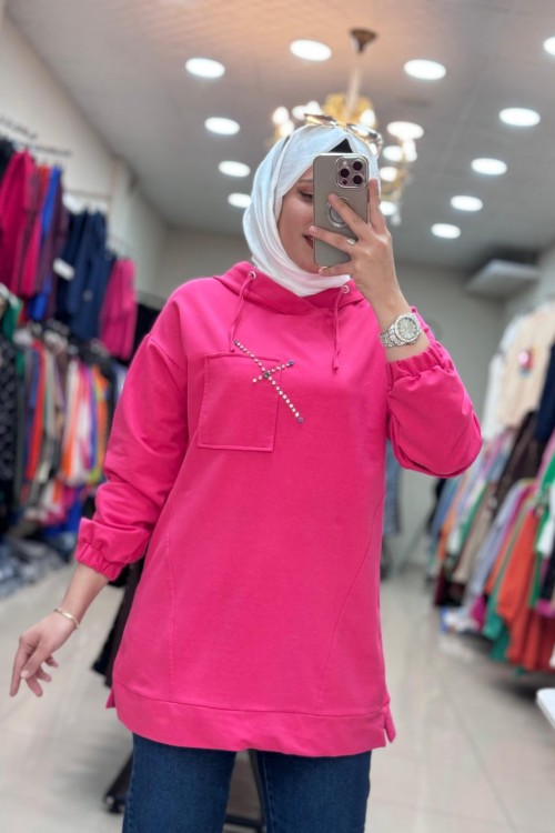 2026 KAPUŞONLU TAŞLI TUNİK Fuşya