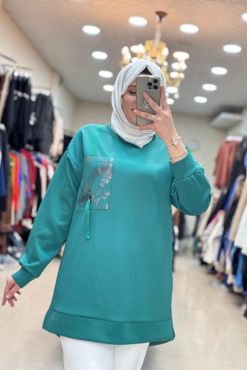 2039 NOQTA CEP DETAYLI TUNİK Zümrüt