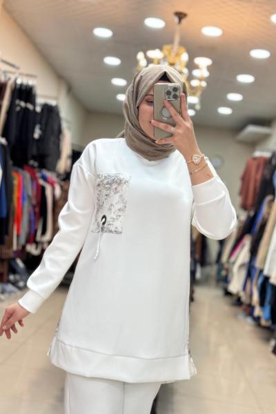 2039 NOQTA CEP DETAYLI TUNİK Beyaz