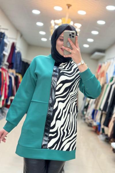 2042 ÖNÜ DERİ VE ZEBRA DETAYLI TUNİK  Yeşil