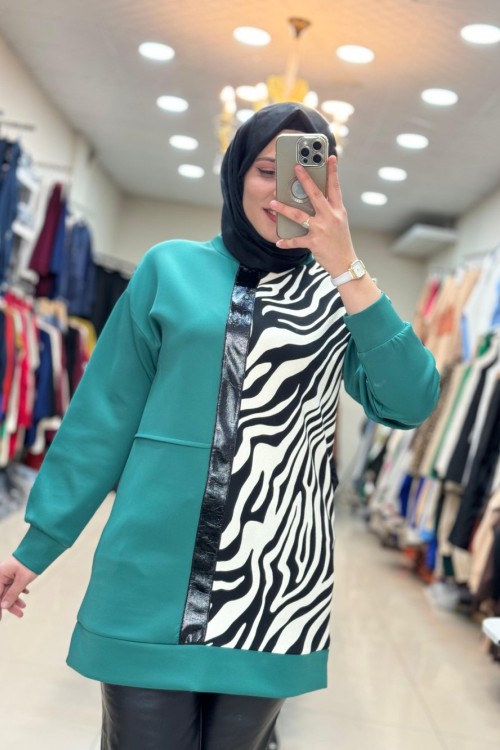 2042 ÖNÜ DERİ VE ZEBRA DETAYLI TUNİK  Yeşil