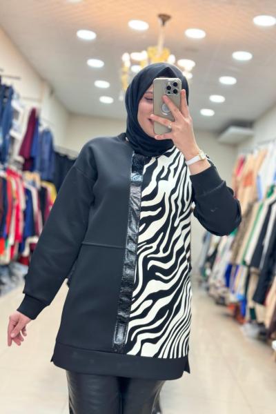 2042 ÖNÜ DERİ VE ZEBRA DETAYLI TUNİK  Siyah