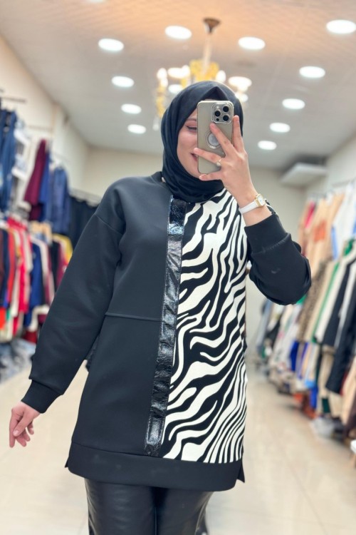 2042 ÖNÜ DERİ VE ZEBRA DETAYLI TUNİK  Siyah