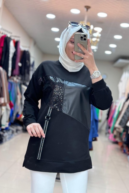 2043 PAYET VE DERİLİ TUNİK  Siyah