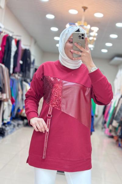 2043 PAYET VE DERİLİ TUNİK  Bordo