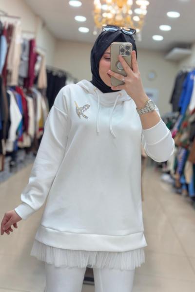 2049 UCU TÜLLÜ BEYMEN TUNİK  Beyaz