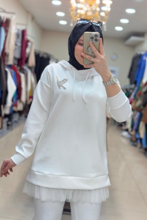 2049 UCU TÜLLÜ BEYMEN TUNİK  Beyaz