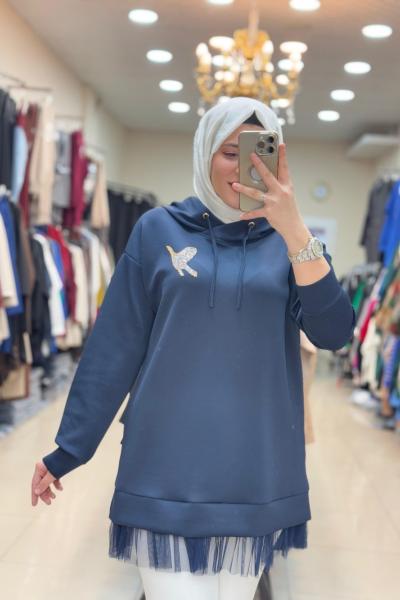 2049 UCU TÜLLÜ BEYMEN TUNİK  Lacivert